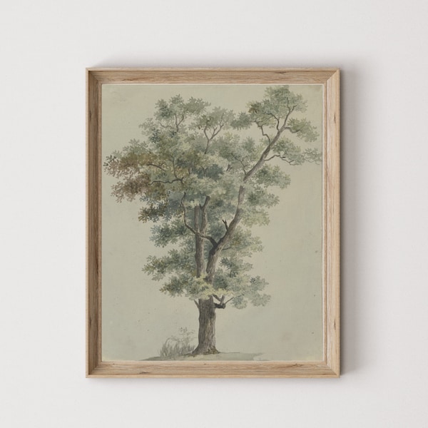 Green Tree Vintage Wall Art Print, Single Tree Rustic Cottage Art, Tonal Green Leaves | Digital Download | Vintage Art Print