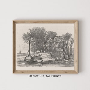 Farmhouse Riverside Drawing, Vintage Landscape Sketch, Rustic Cottage Wall Art Print |DIGITAL DOWNLOAD| 269 |