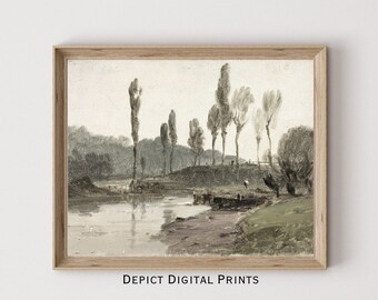 Vintage Green Tonal River Landscape Painting, Rustic Fine Art (Digital Download)