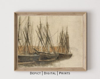 Vintage Boat Seascape Print, Rustic Harborside Painting (Digital Download)287