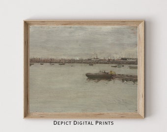 Vintage Coastal Seascape Art Print, Boat Dock Scene (Digital Download)303