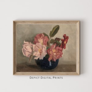 Stampa artistica da parete con fiori di natura morta, stampa di dipinti antichi con sfondo neutro di rose rosa, vaso blu, arte vintage /DOWNLOAD DIGITALE/221/