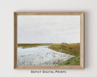Vintage Marsh Landscape Painting, Waterscape Art Print (Digital Download)