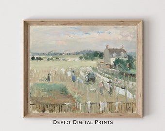 May include: A painting of a countryside scene with a house in the background and a clothesline in the foreground. The clothesline is filled with white laundry hanging in the breeze. The painting is done in a soft, muted palette of greens, browns, and blues.