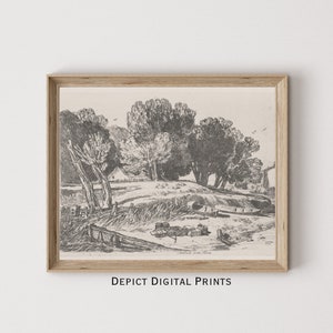 Vintage Farmhouse Countryside Sketch, Rustic Canoe Landscape, Cottage Wall Art Print |DIGITAL DOWNLOAD| 270 |