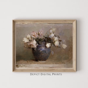 May include: A painting of a bouquet of white and pink roses in a blue and brown vase. The roses are wilting and the vase is sitting on a wooden table.