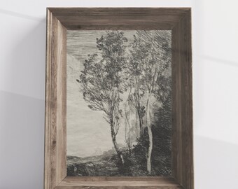 Woodland Tree Sketch Art Print, Neutral Landscape (Digital Download)