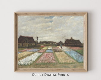 Landscape Wildflower Painting, Flower Fields Wall Art Countryside Print | Digital Download | Vintage Artwork Print