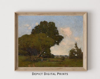 Vintage Countryside Landscape Painting, Farmhouse Wall Art Print | Digital Download |