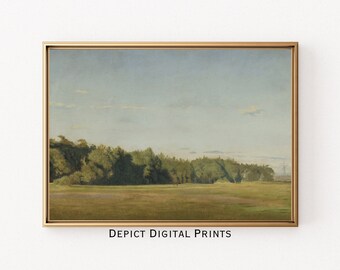 Groen landschap vintage kunstprint, met bomen omzoomd huisje (digitale download)