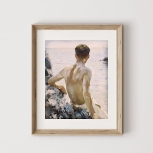 Wall Art Painting By the Ocean  Boy By the Water Swimming Art Print  Digital Download  Vintage Art Print |167|