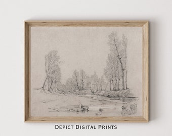 Vintage Riverside Sketch Print, Neutral Countryside Etching (Digital Download)