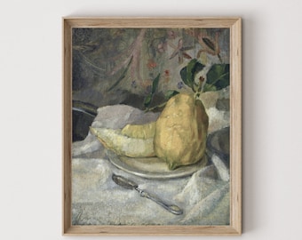 May include: A still life painting of a lemon and a melon on a white cloth with a silver knife. The fruit is on a white plate and the background is a dark green and brown floral pattern.