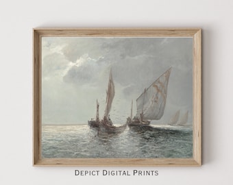 Neutral Nautical Painting, Coastal Print Fishing Boats at Sea | Digital Download | A Vintage Print