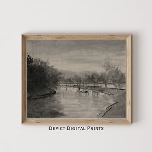 Charcoal Sketch Drawing Landscape Art, Vintage  Black, Gray Scale Drawing Fine Art Print, |DIGITAL DOWNLOAD | 244 |