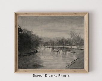 Impresión artística de paisaje vintage al carbón, blanco y negro (descarga digital) 244