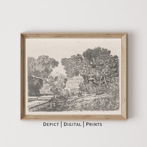 Rustic Landscape Art Drawing, Vintage Countryside Sketch, Farmhouse Wall Art Print |DIGITAL DOWNLOAD| 268