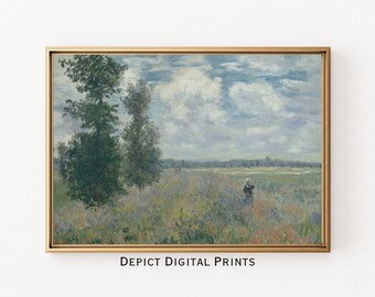 Wildflower Field Landscape Art Print, Vintage Painting (Digital Download)
