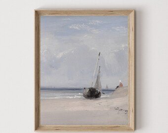 Vintage Sailboat Seascape Painting, Coastal Beach House Art (Digital Download)