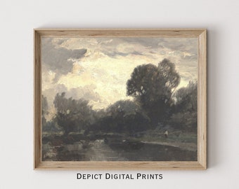 Moody River Landscape Painting, Vintage Art Print (Digital Download)