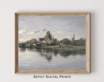 Vintage Riverside Cottage Oil Painting, Rustic Farmhouse Scenery (Digital Download)