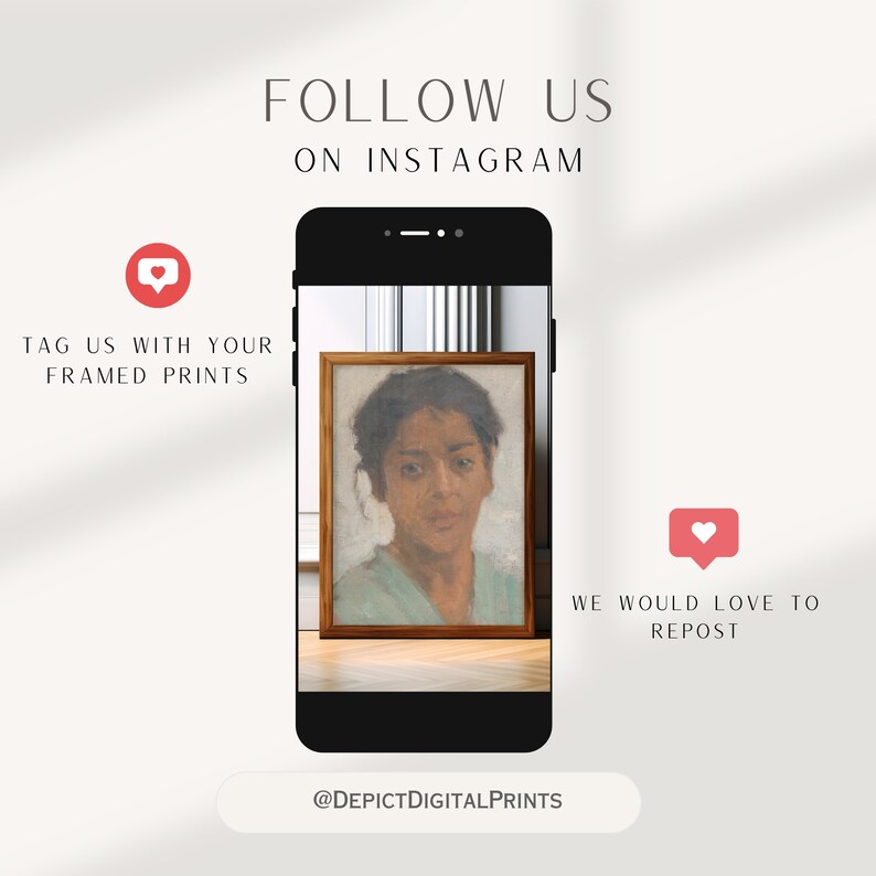 Puede incluir: La pantalla de un tel&eacute;fono inteligente muestra un retrato enmarcado de una persona con cabello oscuro y ojos marrones. El texto "FOLLOW US ON INSTAGRAM" est&aacute; en la parte superior de la pantalla. El texto "@DEPICTDIGITALPRINTS" est&aacute; en la parte inferior de la pantalla. El texto "TAG US WITH YOUR FRAMED PRINTS" est&aacute; en el lado izquierdo de la pantalla. El texto "WE WOULD LOVE TO REPOST" est&aacute; en el lado derecho de la pantalla.
