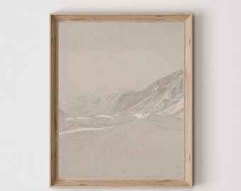 Neutral Mountain Landscape Drawing, Vintage Art Print (Digital Download)