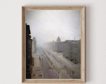 Foggy Cityscape Art Print, Serene Gray Landscape (Digital Download)
