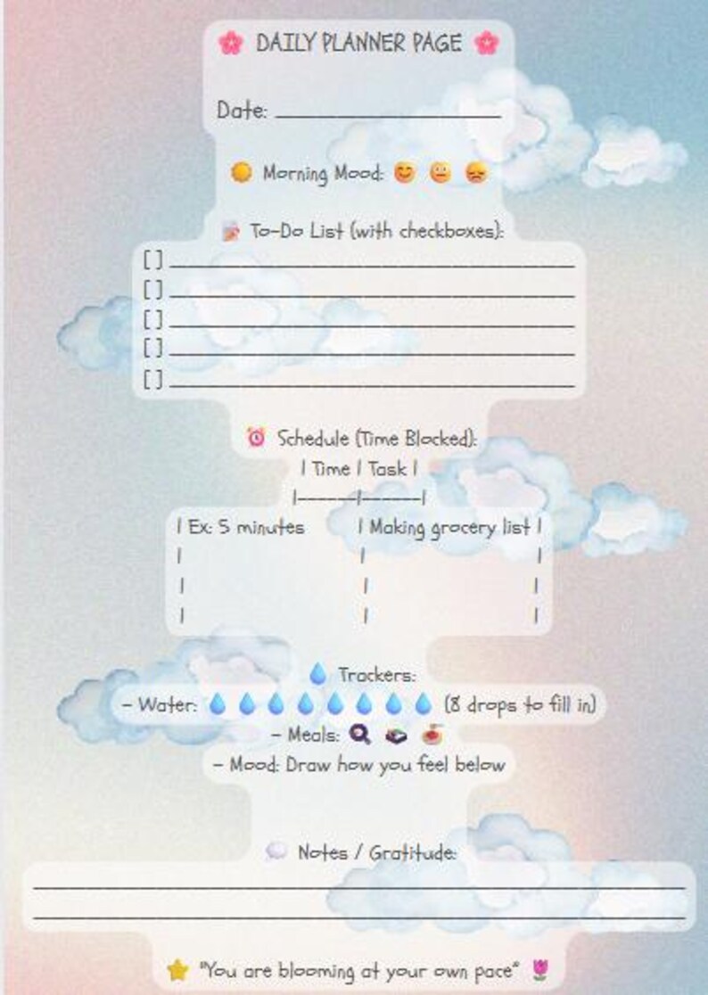Kawaii Daily Planner Printable | Cute Pastel PDF Planner Page | Cloud ...