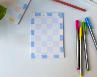 Cute Notepad, Blue, Checkered with small flowers, A6, 50 Sheets, Stationery