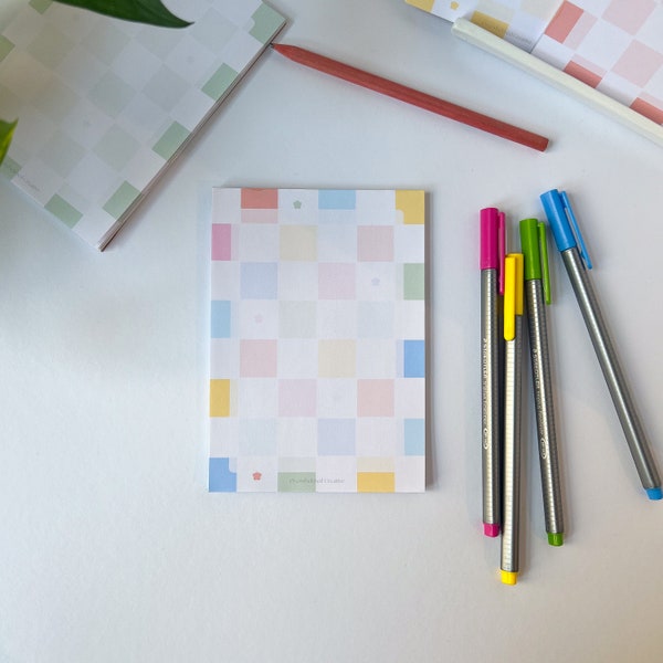 Cute Notepad, Multicolored, Checkered with small flowers, A6, 50 Sheets, Stationery