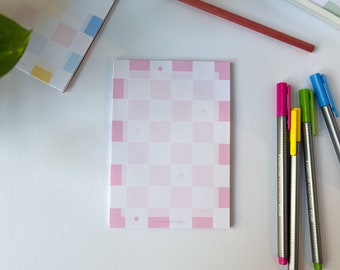 Cute Notepad, Pink, Checkered with small flowers, A6, 50 Sheets, Stationery