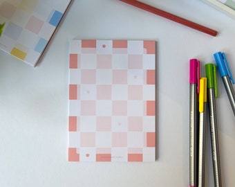 Cute Notepad, Red/Peachy, Checkered with small flowers, A6, 50 Sheets, Stationery