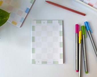 Cute Notepad, Green, Checkered with small flowers, A6, 50 Sheets, Stationery