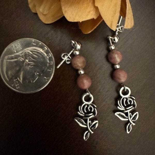 Pretty Rhodochrosite and Rose Earrings / Chakra / Gift / For Her / Fashion Jewelry / Jewelry / Dangle Earrings