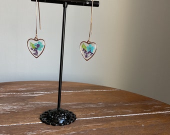 Earrings with Pretty Heart Shape Charm with Turquoise Flower detail, Gold Plated Pull through