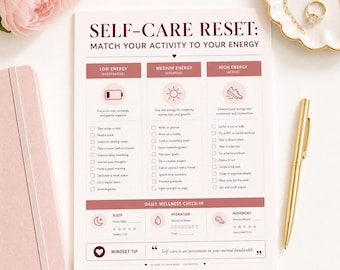 May include: A white paper chart titled SELF-CARE RESET: MATCH YOUR ACTIVITY TO YOUR ENERGY. It features three columns for low, medium, and high energy levels with checklists, a daily wellness check-in section, and a mindset tip at the bottom.