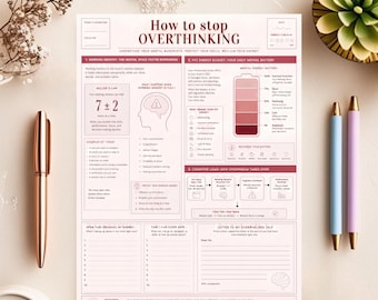 May include: A white paper worksheet titled How to stop OVERTHINKING with sections on working memory, PFC energy budget, and cognitive load. The layout includes a battery graphic, lists, and a letter template in dark red and pink text on a white background.