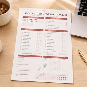 May include: A white paper Spoon Theory Energy Tracker with dark text and muted red accents. The document includes sections for daily spoon budget, energy drainers, energy gainers, daily reflection, and a symptom tracker with checkboxes and icons.