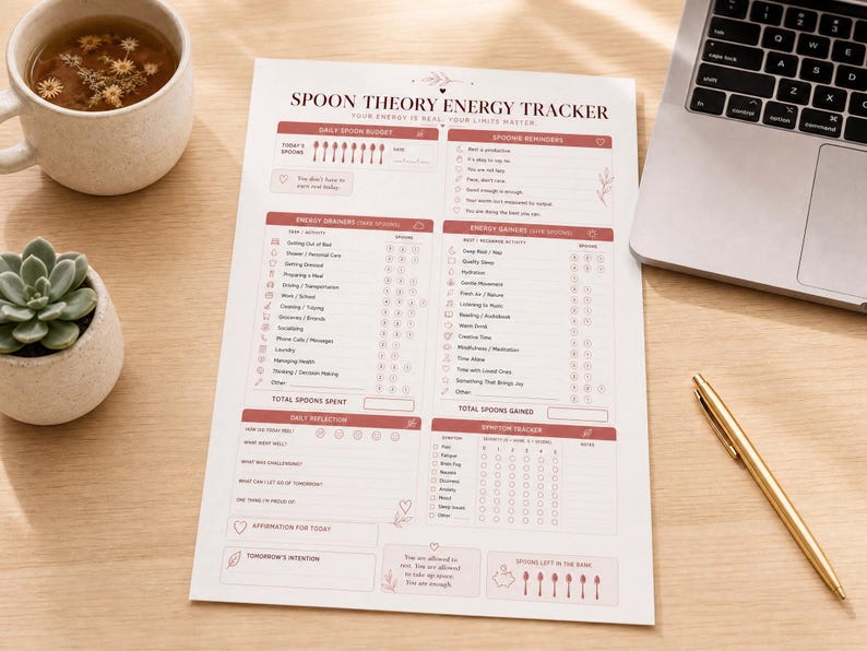 May include: A white paper Spoon Theory Energy Tracker with dark text and muted red accents. The document includes sections for daily spoon budget, energy drainers, energy gainers, daily reflection, and a symptom tracker with checkboxes and icons.