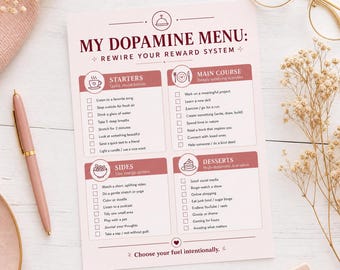 May include: A printed checklist titled My Dopamine Menu: Rewire Your Reward System, organized into four sections: Starters, Main Course, Sides, and Desserts. Each section contains a list of activities with checkboxes for tracking personal habits and goals.