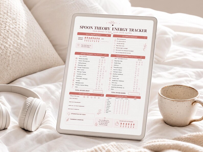 May include: A digital tablet displaying a Spoon Theory Energy Tracker template with a soft pink and white color scheme. The layout includes sections for daily spoon budget, energy drainers, energy gainers, symptom tracking, and daily reflections.