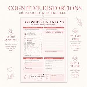 May include: A Cognitive Distortions cheatsheet and worksheet printed on light pink paper. The document features four sections: Identify the Distortion, The Evidence Check, Reframing the Thought, and Gentle Truths, with icons and text throughout.