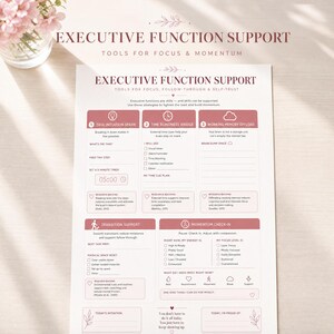 Pode incluir: Uma folha de planeamento em papel branco intitulada Executive Function Support com texto e ícones em vermelho escuro. Inclui secções para Task Initiation Spark, Time Blindness Bridge, Working Memory Offload, Transition Support e Momentum Check-in.