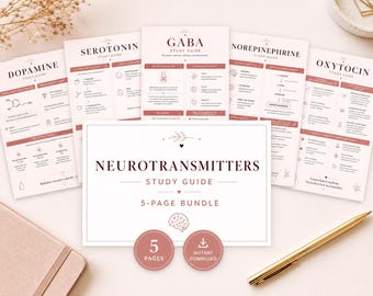 May include: A five-page neurotransmitters study guide bundle featuring individual sheets for dopamine, serotonin, GABA, norepinephrine, and oxytocin. Each page includes chemical structures, functional descriptions, and icons printed in dark text on white paper.