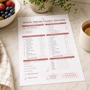 May include: A white paper Spoon Theory Energy Tracker with pink text and accents. The document includes sections for daily spoon budget, energy drains, energy gains, daily reflection, and symptom tracking, featuring icons and checkboxes throughout.