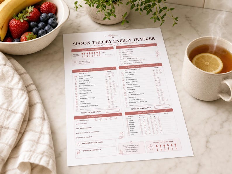 May include: A white paper Spoon Theory Energy Tracker with pink text and accents. The document includes sections for daily spoon budget, energy drains, energy gains, daily reflection, and symptom tracking, featuring icons and checkboxes throughout.