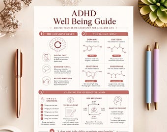 May include: A white informational print titled ADHD Well Being Guide with dark red text and icons. It features three sections: The Dopamine Reset, The D.O.S.E. Menu with chemical structures, and Calming the Overactive Mind, including grounding and breathing techniques.