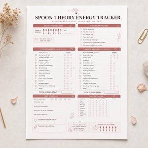 May include: A white paper Spoon Theory Energy Tracker planner page with dusty rose accents. The layout includes sections for daily spoon budget, energy drainers, energy gainers, daily reflection, and a symptom tracker with printed text.