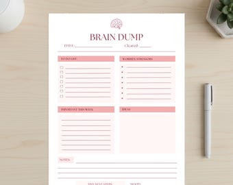 May include: A white paper planner sheet titled BRAIN DUMP with a brain icon, featuring sections for TO DO LIST, WORRIES STRESSORS, IMPORTANT THIS WEEK, IDEAS, NOTES, TINY NEXT STEPS, and a MOOD tracker with five facial expressions in dark pink ink.